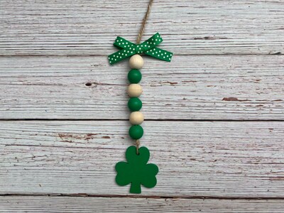 Shamrock canister bead garland, green clover, March tiered tray accent. Gift for Irish family, hutch decor, green mini wood bead garland - image5